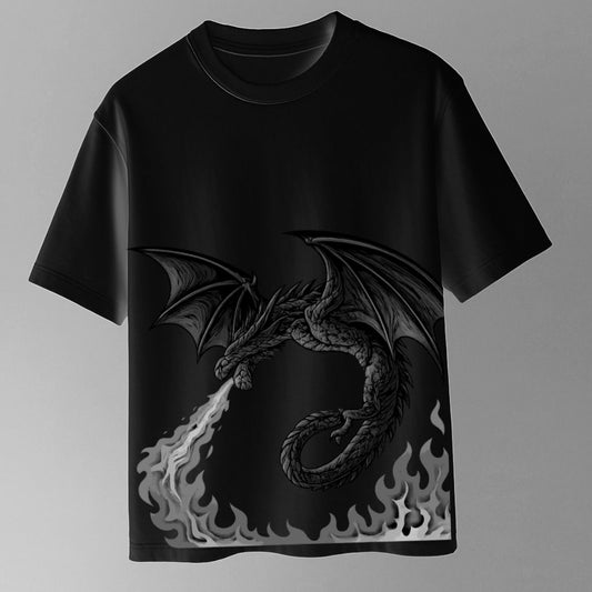 “Midnight Ember – Black Oversized Dragon Tee”