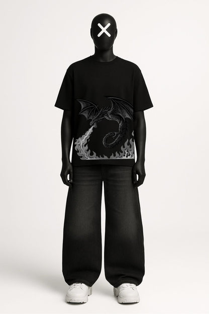 “Midnight Ember – Black Oversized Dragon Tee”